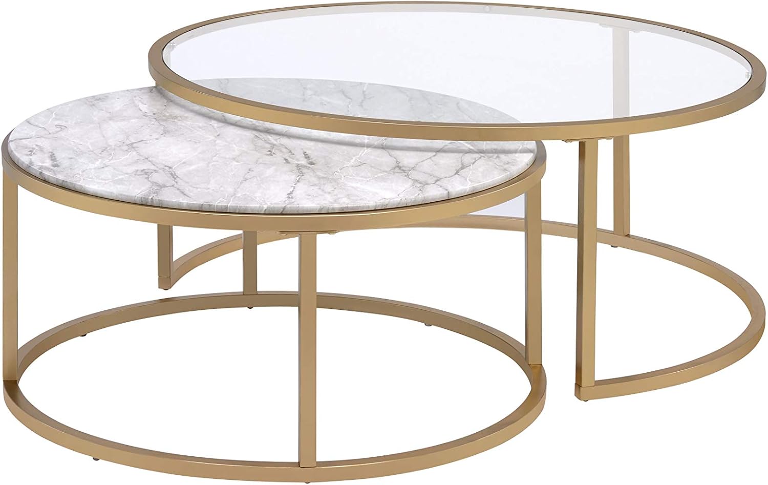Knocbel Modern Nesting Coffee Table Set of 2 for Living Room, Faux Marble & Clear Glass Top, Metal Frame, Gold Finish (Faux Marble and Gold)