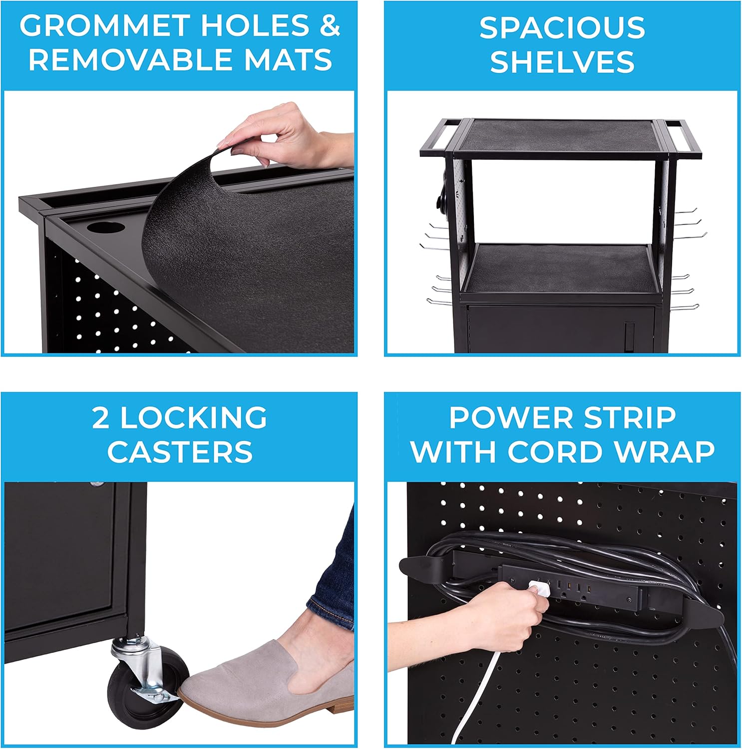 Line Leader Stellar AV Cart | Computer Cart with Pegboard Siding & 12 Hooks for Customizable Storage | Locking Cabinet & Pullout Keyboard Tray | UL Safety Certified Power Outlets | Locking Wheels