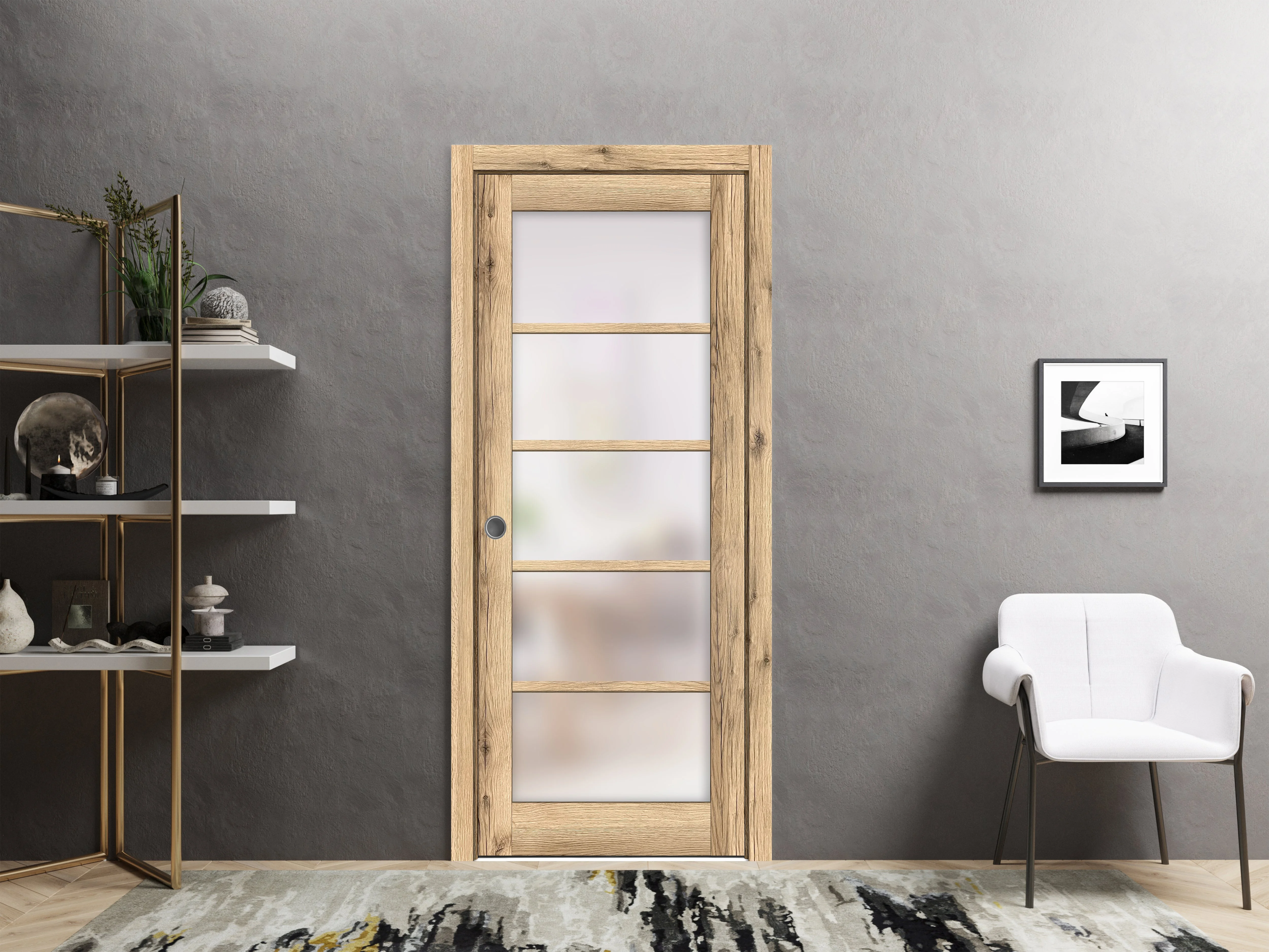 Sliding French Pocket Door 36 x 80 inches | Quadro 4002 Oak | Kit Trims Rail Hardware | Solid Wood Interior Bedroom Sturdy Doors