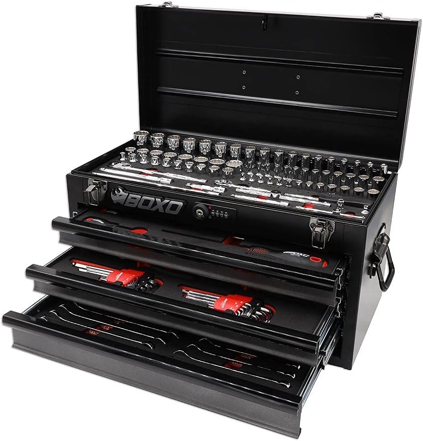 BOXO USA 133-Piece Metric Tool Set with 3-Drawer Hand Carry Toolbox (White)