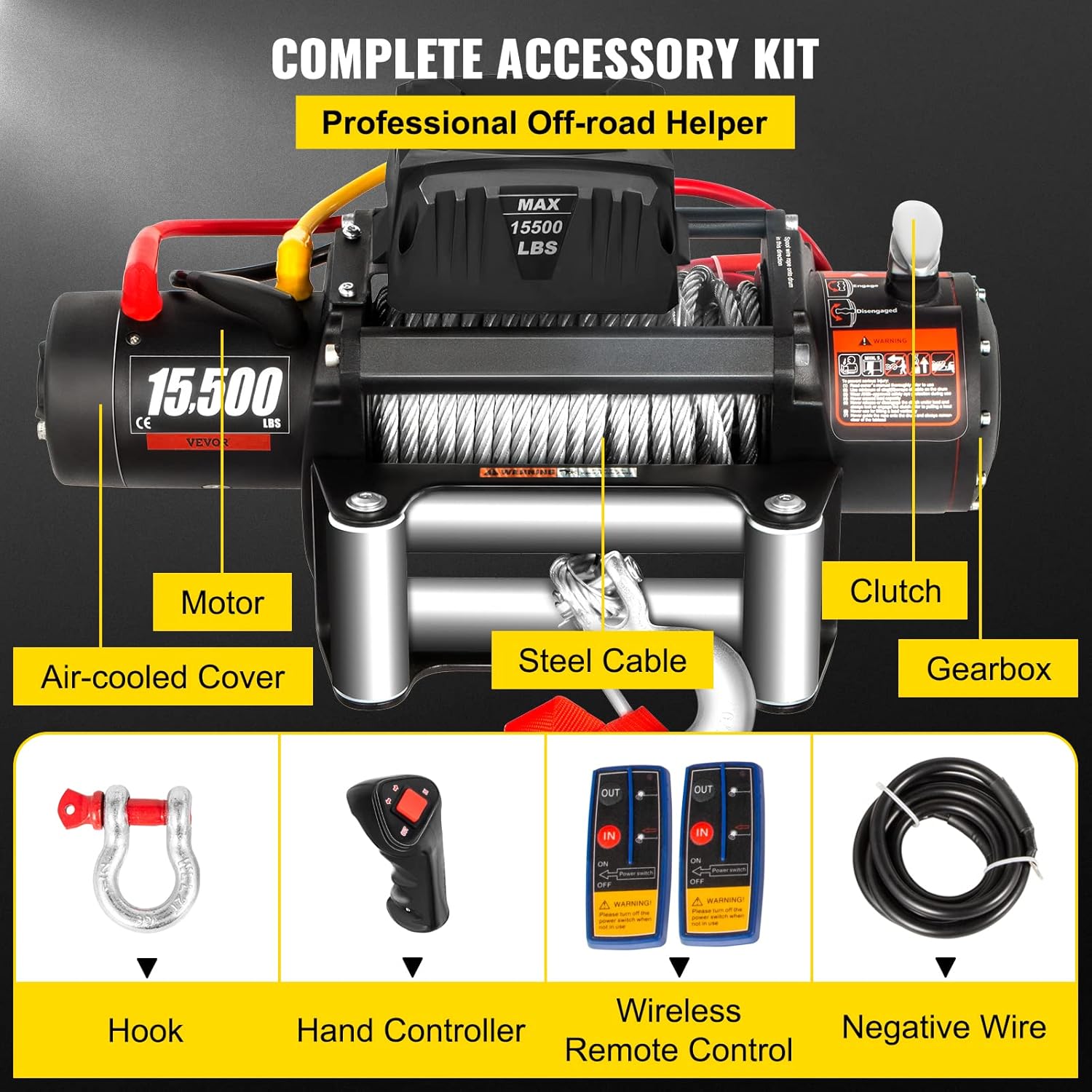 VEVOR Truck Winch 15500lb Load Capacity Compatible with Cable Steel 12V Power Winch with Wireless Remote Control