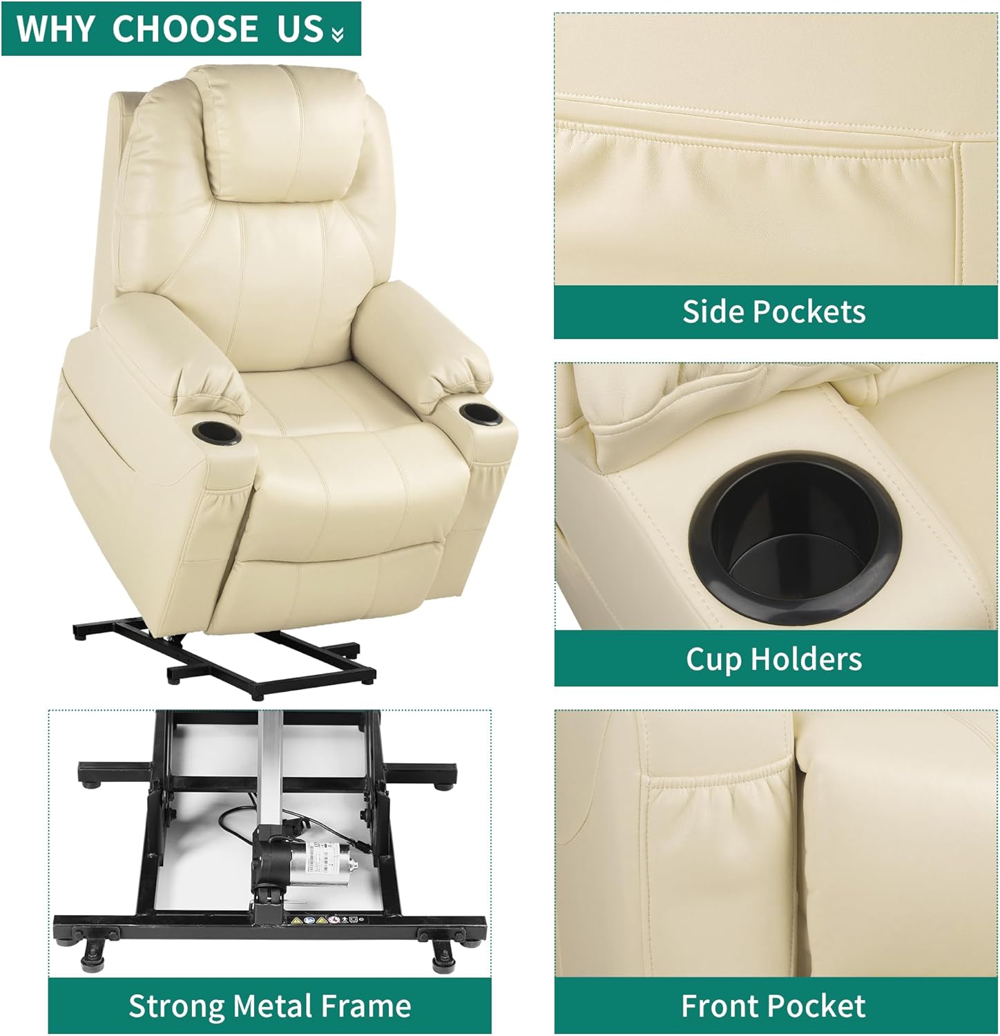 YITAHOME PU Power Lift Recliner Chair with Massgae and Heat for Elderly, Lift Chair with Remote Control for Living Room, with 2 Cup Holders Side Pockets, Off White3