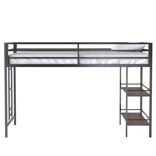 Twin Size Loft Bed with Desk and Storage Stairs, Heavy Duty Metal Loftbed Frame w/Safety Guardrail for Kids, Teens, Adults, No Box Spring Needed, Space-Saving Design, Black