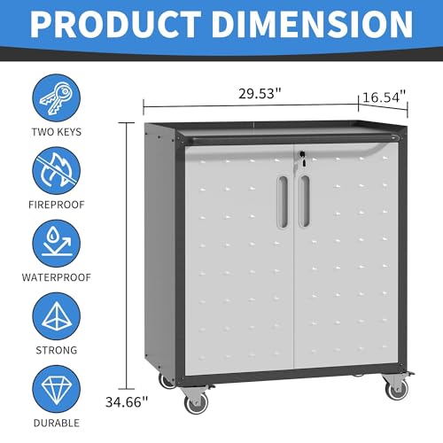 Metal Storage Cabinet with Wheels, Lockable Garage Cabinet with Doors and Shelves, Rolling Tool Storage, Assembly Required, Black