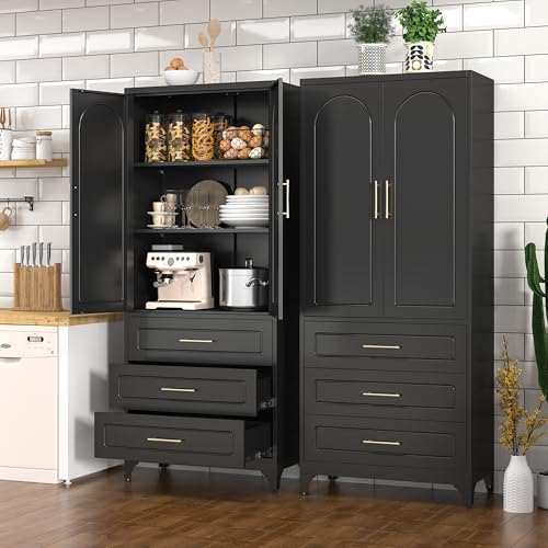 Metal Storage Cabinet with Doors and Shelves, 71 Inch Tall Kitchen Pantry Cabinet, Pantry Cabinets for Kitchen Storage, Freestanding Cupboard for Living, Dining Room, White, Assembly Required