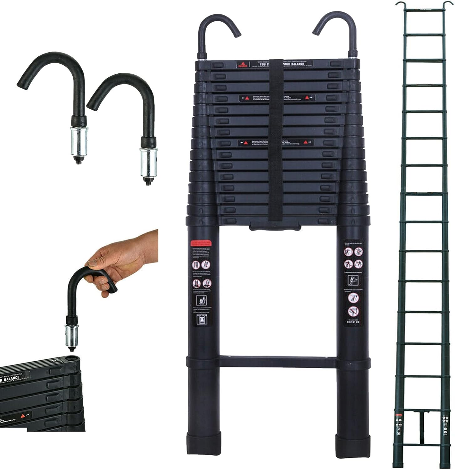 20 FT Aluminum Telescoping Ladder with 2 Detachable Roof Hooks(2.8 inch), Lightweight Telescopic Extension Ladder for Home, Multi-Purpose Rv Ladder Loft Ladder Max 330 Lb Capacity, EN131 Certificated