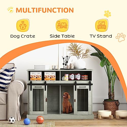 PawHut Dog Crate Furniture for Large Dogs or Double Dog Kennel for Small Dogs with Shelves, Sliding Doors, 47" x 23.5" x 35", White