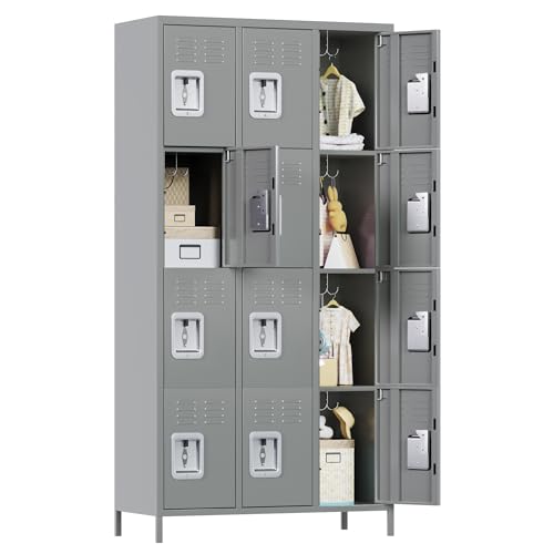 METAN Metal Storage Locker for School Office Gym Bedroom, 12 Doors Locker Cabinet for Employees, Industrial Steel Storage Locker with 12 Hooks, Assembly Required (12 Door-Light Gray)