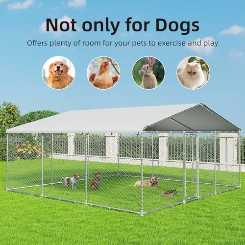 7.8x7.8 FT Extra Large Outdoor Dog Kennel Outside, Heavy Duty Dog Enclosure with Waterproof Cover and Security Lock, Galvanized Chain Link Dog Cage for Large Dogs