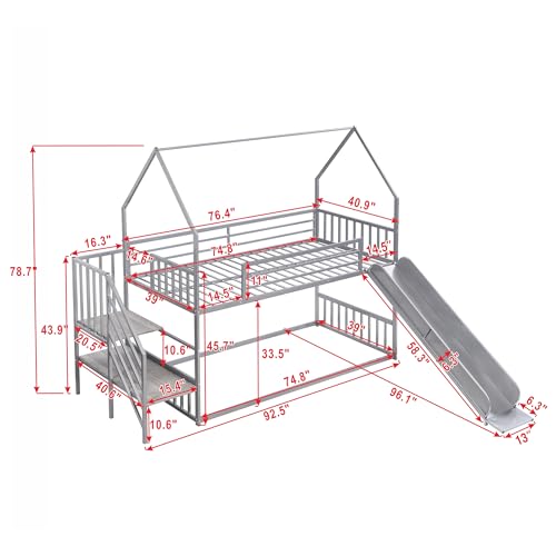 Twin Over Twin Bunk Bed with Slide, Metal Bunk Bed with Storage Staircase and House Roof, Twin Size Low Bunk Bed Frame for Kids Teens Boys Girls, Space Saving, No Box Spring Needed, Sliver