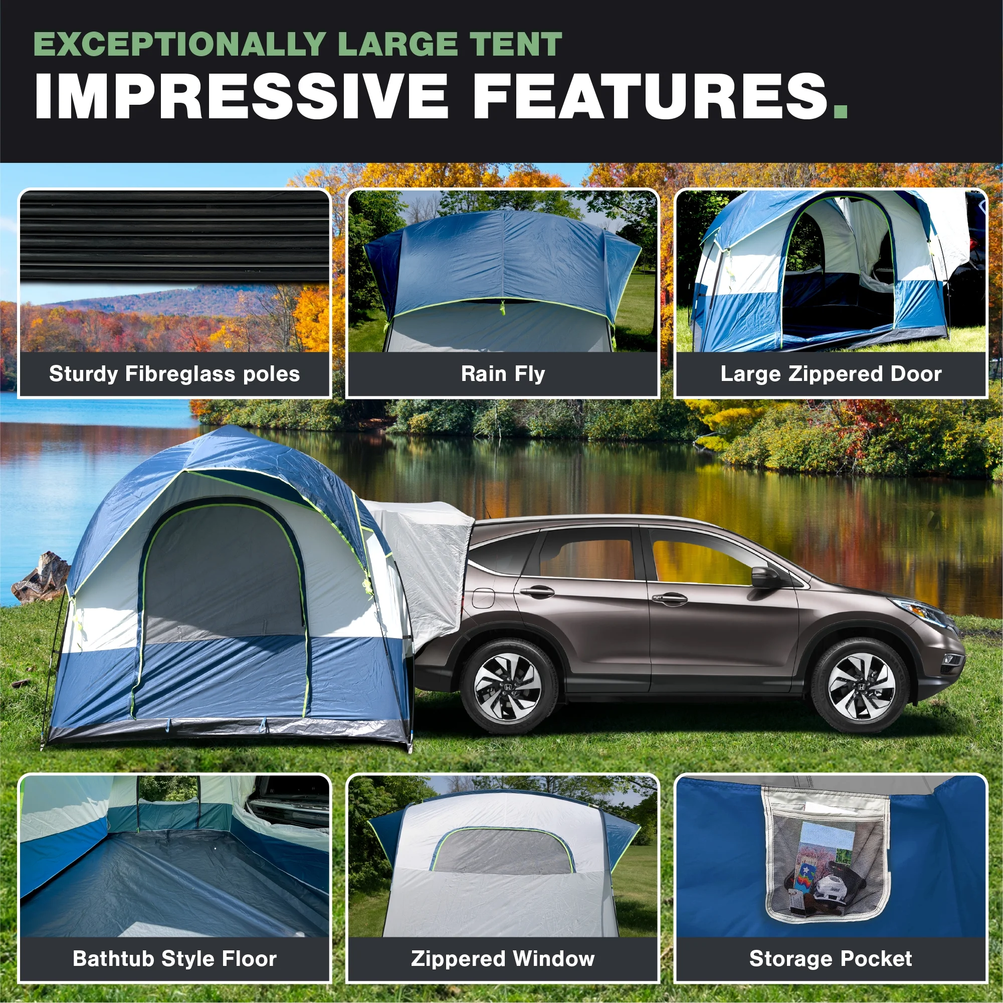 North East Harbor Universal SUV Camping Tent - Up to 8-Person Sleeping Capacity, Includes Rainfly and Storage Bag - 8' W x 8' L x 7.2' H - Gray and Blue