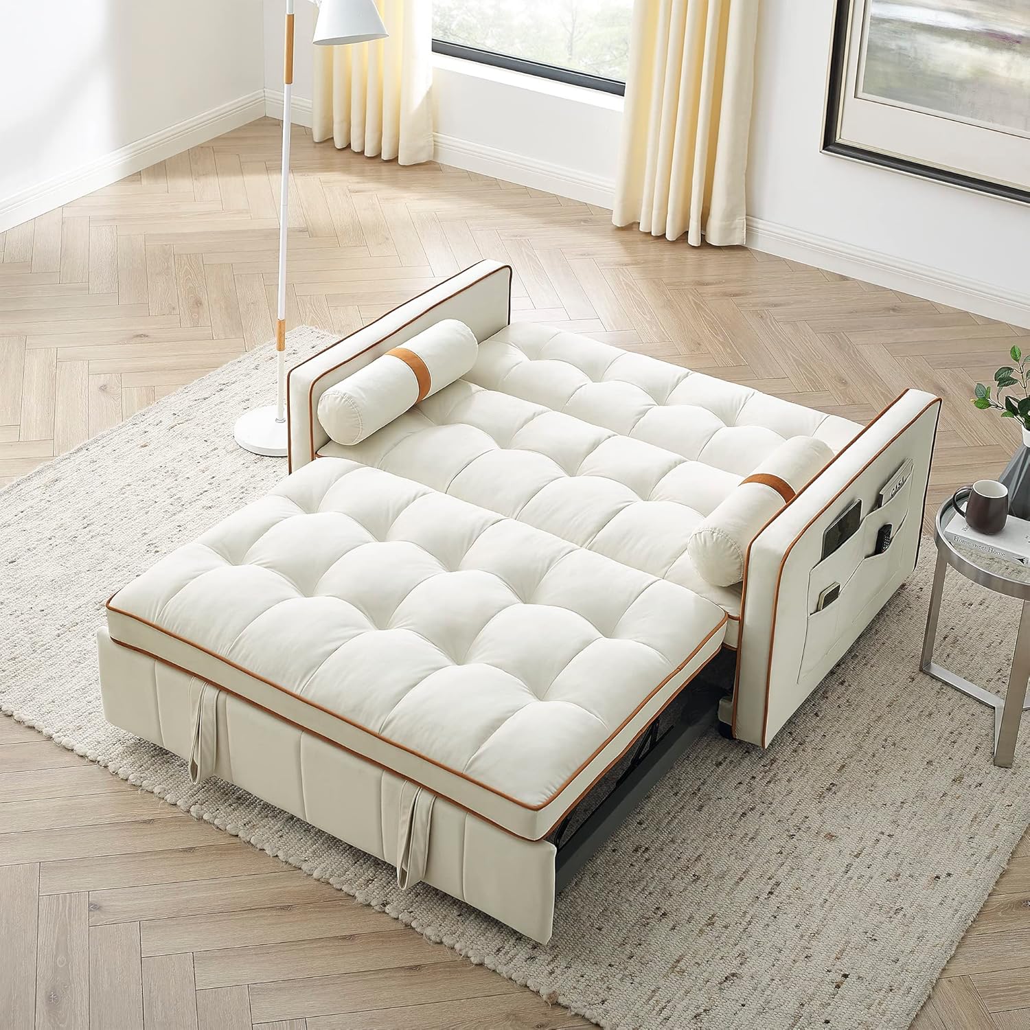 Quarte 55.5" Pull Out Sleep Sofa Bed, Modern 2 Seater Loveseats Sofa Couch with Adjsutable Backrest, Side Pockets & Lumbar Pillows, Convertible Sleeper Sofa Bed for Living Room (Beige/Loveseats)