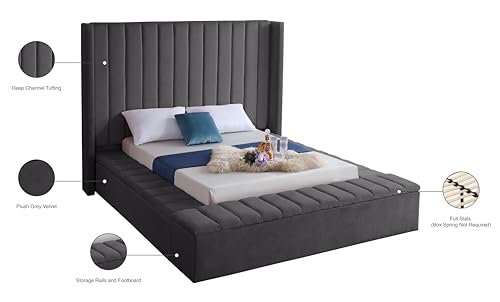 Meridian Furniture Kiki Collection Modern | Contemporary Velvet Upholsterd Bed with Channel Tufting, Siderails and Footboard Storage Compartments, Full, Cream