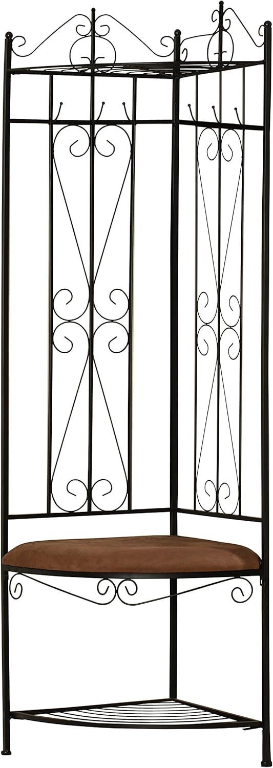 KB Designs - 6 Hook Corner Hall Tree with Bench & Shoe Storage, Black/Brown