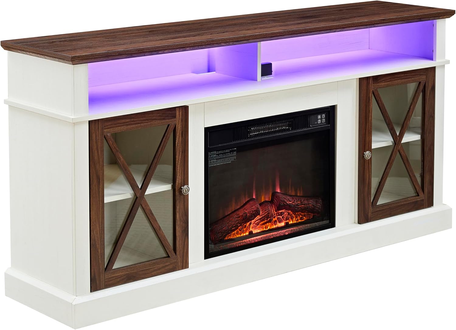 Farmhouse TV Stand with Outlet & LED Lights for TVs Up to 70", Tall Entertainment Center w/Glass Barn Door, Media TV Console w/Adjustable Storage Shelves for Living Room/Bedroom, White