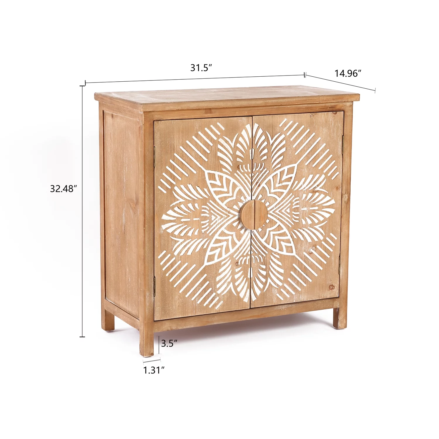 LuxenHome Natural Wood Floral 2-Door Storage Cabinet