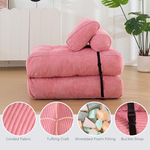 MAXYOYO Folding Sofa Bed, Convertible Sleeper Chair with Pilow Foldable Matress with Back Support, Portable Fold Out Chair Bed Comfy Floor Sofa Lounge for Living Room Bedroom, Pink, Single