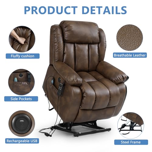 Large Power Lift Chairs Recliners for Elderly with Heated and Massage,Infinite Position Overstuffed Wide Power Lift Recliner，4 Positions, Breathable Leather, USB Ports and Remote Controls (Dark Blue)
