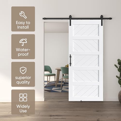 JUBEST 36" x 84" Barn Door, Slding Barn Door Kit Wave Shape Barn Door Panel with Hardware Kit Include, Easy Installation, Solid Wood, MDF & PVC Covered, Black