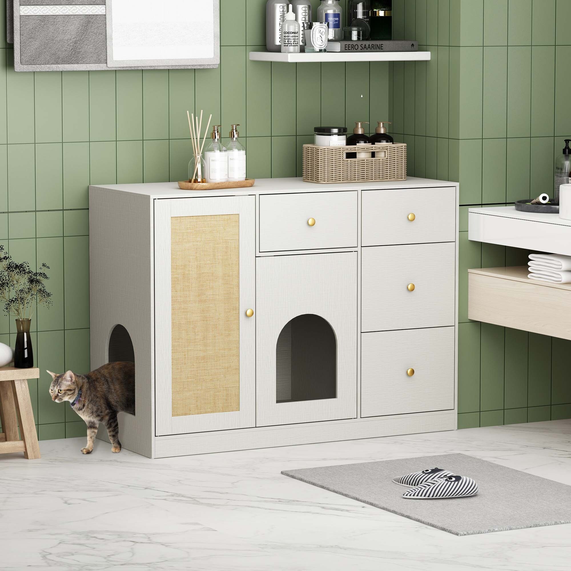 47.2" Cat Litter Box Enclosure Furniture with 4 drawers & Sisal door