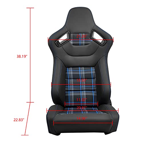 IKON MOTORSPORTS, Universal Racing Seats Pair with Dual Sliders, PU & Red Plaid Fabric & Carbon Leather Reclinable Left Right