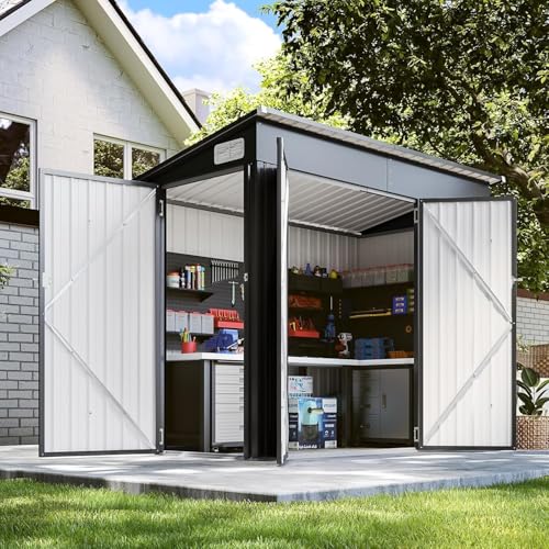 8'x4' Shed Galvanized Steel Storage Sheds with Triple Doors Weatherproof Outdoor Utility Sheds, Dual Lock Lean to Shed with Sloped Roof for Mower, Bike, Generator, Garden Tools (Black)