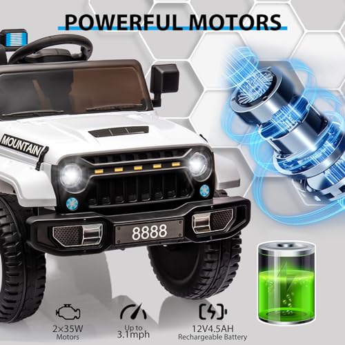 Ride on Truck Car w/Remote Control, 12V Kids Electric Vehicles w/Spring Suspension, 3 Speeds, LED Lights, Music, MP3, Ride on Toys for Boys Girls, White