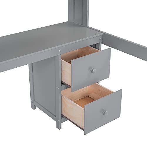 Full Size Loft Bed with Desk and Storage, Wooden Loft Beds Frame with Charging Station, High Loft Beds with 4 Drawers & 4 Shelves & 2 Outlets & 2 USB Port for Kids Teens Adults, Gray