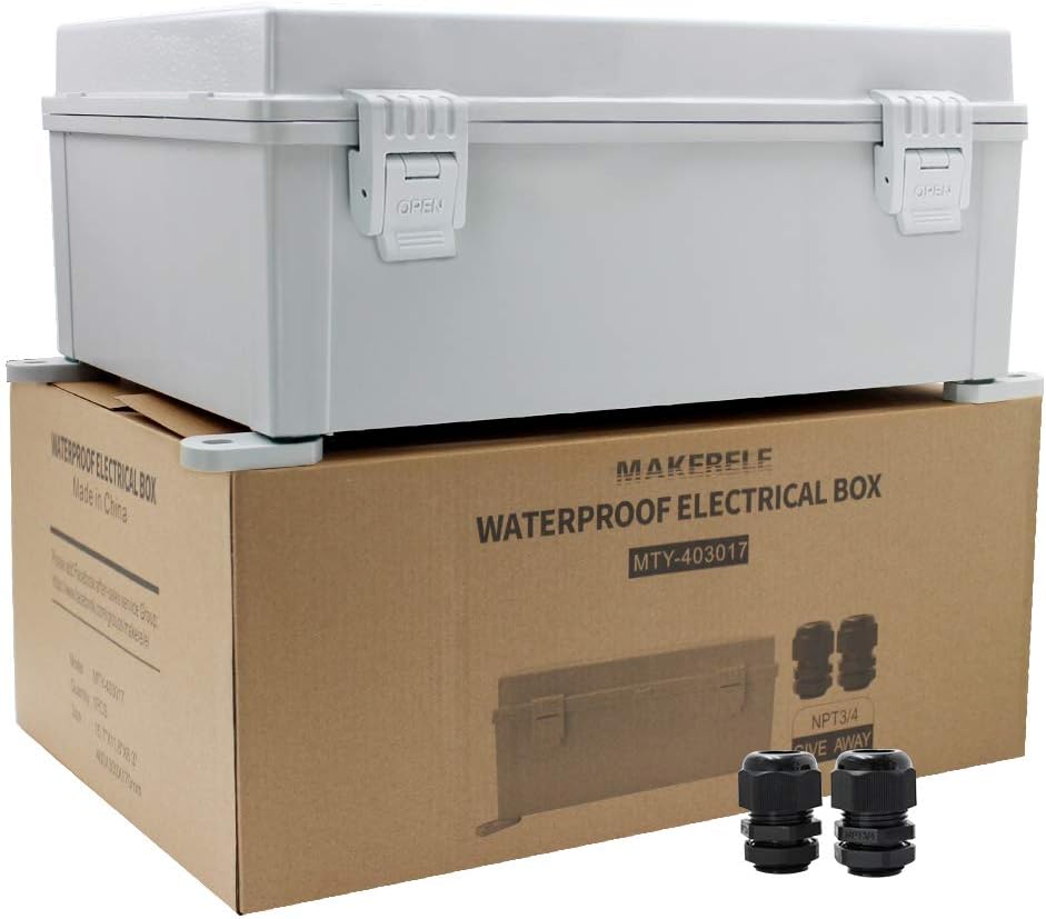 MAKERELE Outdoor Electrical Box Weatherproof Includes Internal Mounting Panel 15.711.86.7 (400300170mm) Large Project Box for Electronics Hinged Cover Plastic Clip with 2 NPT 3/4” Glands