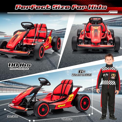 24V Electric Go Kart for Kids, 400W Drift Cart with EVA Tires, High/Low Speed, Max Speed 8.1 MPH, Music, Wireless, Electric Crazy Go-Kart Outdoor Ride on Toy for Kids Ages 6+, Red