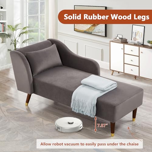 58" Chaise Lounge Indoor, Velvet Upholstered Left Arm Chaise Lounge Chair with Curved armrest & Pillow, Modern Bench Chaise Lounge Sofa for Bedroom Living Room Office, Beige