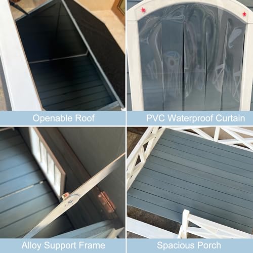 Large Wooden Dog House Outdoor with Porch, 67'' Outside Dog Kennel with Weather-Resistance Roof and PVC Curtain, Wood Pet House Used Indoor Outdoor for Small Medium Dogs Cats Pets