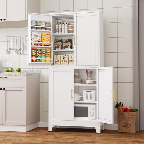 75.2" Tall Metal Pantry Cabinet, Storage Cabinets with 4 Door and 4 Adjustable Shelves, Black Kitchen Pantry Storage Cabinet, Freestanding Cupboard for Kitchen Dining Room Living Room Bathroom