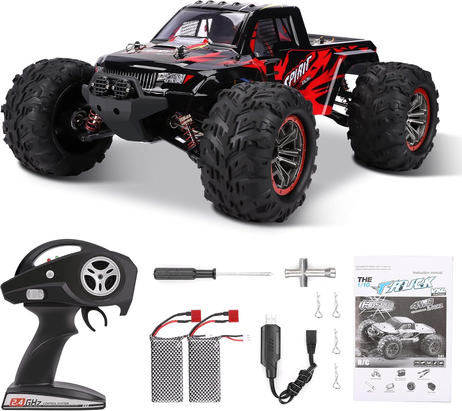 RC Cars 1:10 Large Scale Hobby Grade Remote Control Car,50 KM/H High Speed Monster RC Truck,4WD 2.4GHz Off Road Waterproof All Terrains Racing Toy,2 Batteries for 40 Min Play for Adult Kids