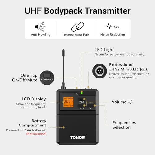 TONOR UHF Wireless Microphones System with Headset/Lavalier Lapel Mics, Bodypack Transmitter, Receiver, 2*15 Channels, 200ft Range for Live Singing Karaoke Church Party DJ PA Speaker Mixer Recording