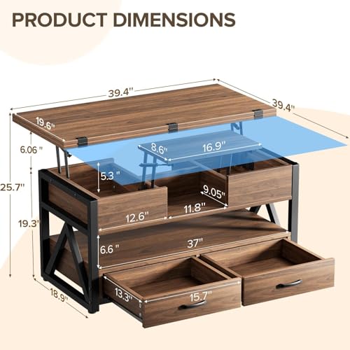 40" Lift Top Coffee Table,4 in 1 Multi-Function Lift Coffee Tables with Storage Drawers and Hidden Compartmen,Farmhouse Coffee Table with Lifting top for Living Room,Black