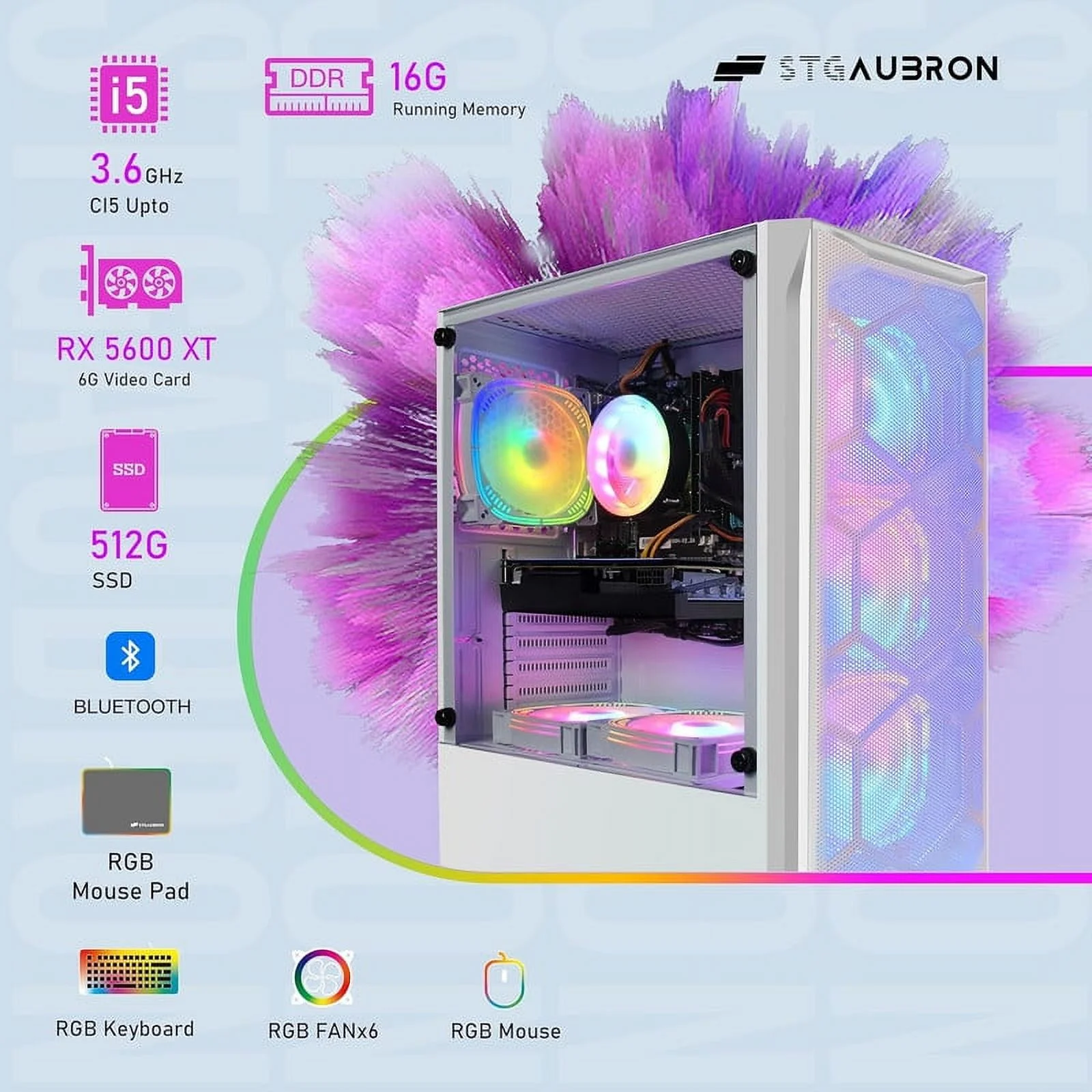 STGAubron Gaming Desktop PC, Intel Core i5 3.2G up to 3.6G, 16G RAM, 512G SSD, Radeon RX 5600 XT 6G GDDR6, 600M WiFi, BT 5.0, RGB Fan x 6, RGB Keyboard & Mouse & Mouse Pad, W10H64