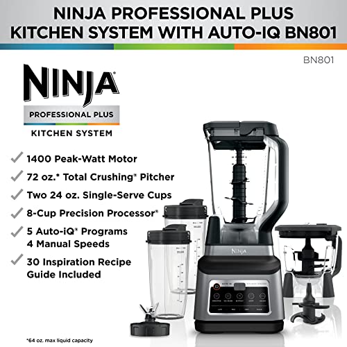 Ninja BN751 Professional Plus DUO Blender, 1400 Peak Watts, 3 Auto-IQ Programs for Smoothies, Frozen Drinks & Nutrient Extractions, 72-oz. Total Crushing Pitcher & (2) 24 oz. To-Go Cups, Black