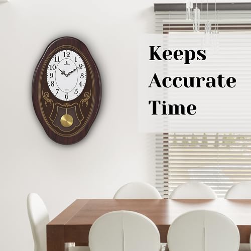 Pendulum Wall Clock Battery Operated - Hanging Grandfather Wall Clock with Pendulum - Quiet Wood Pendulum Clock - Wooden Wall Clock for Living Room Decor, Office & Home Décor Gift 27x11.5