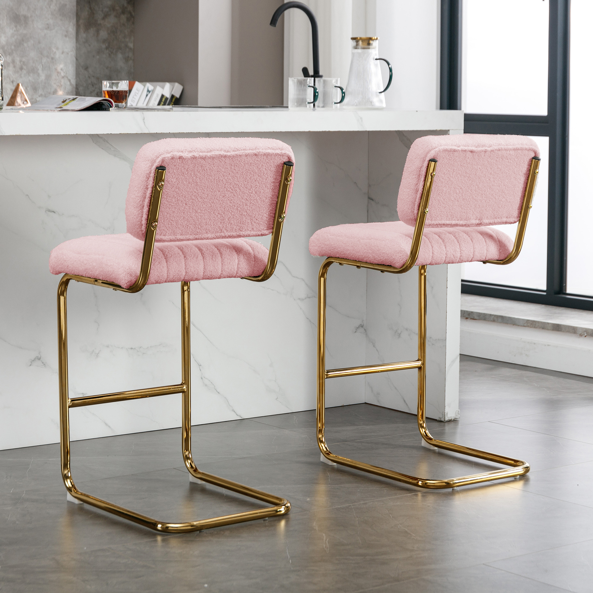 Mid-Century Modern Counter Height Bar Stools for Kitchen Set of 2, Armless Bar Chairs with Gold Metal Chrome Base for Dining Room, Upholstered Boucle Fabric Counter Stools, Pink