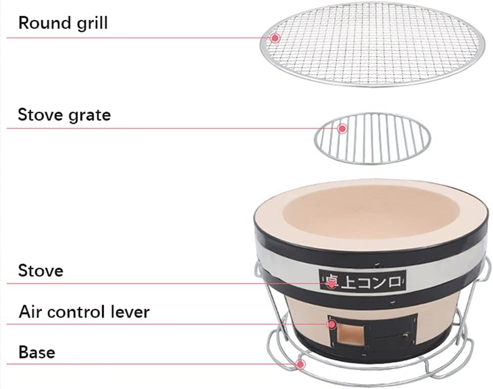Japanese Ceramic Clay BBQ Hibachi Grill, Round Table Top Charcoal Barbecue Portable Yakitori Charcoal Stove with Tongs for Indoor Outdoor