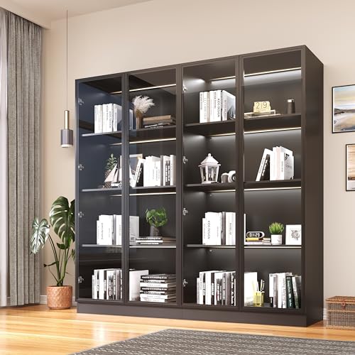 Display Cabinet with Glass Doors & Lights, 3-Tier Storage Cabinet + 2 Drawers Trophy Curio Display, Lighted Bookcase for Home Office, Black…