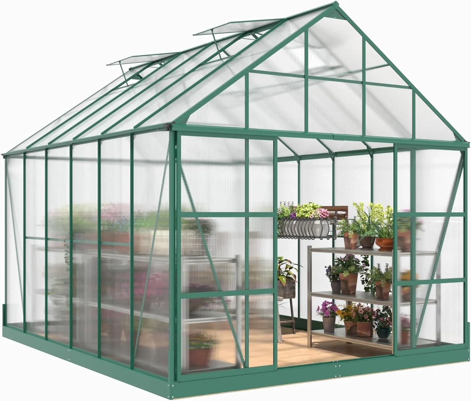Papajet 12x10x10 ft Polycarbonate Greenhouse with 2 Sliding Doors 4 Vents Window Large Greenhouse, Green