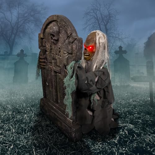 Haunted Hill Farm Life-Size 2.9-Ft Animatronic Gravely Granny by Tekky Halloween Decoration with Motion-Activated Sounds