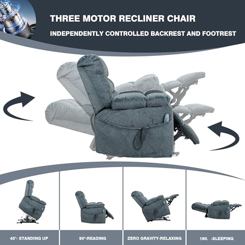 Light Grey Recliner Chair for Elderly | Tall and Big Man 400lbs | Chenille | Power Lift, Lay Flat, Stand Up, Wireless Charging Device, Extended Footrest, Massage Heat, Cup Holder, Lumbar Pillow