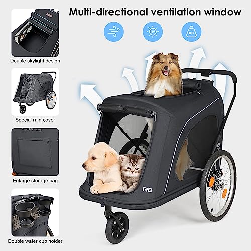 R8 Extra Large Foldable Pet Stroller, Dog Stroller & Pet Trailer for Large Dogs Under 100 lbs, Unmovable, Disabled & Pregnant Dogs - Conveniently Carriable by Bike and Car, Black