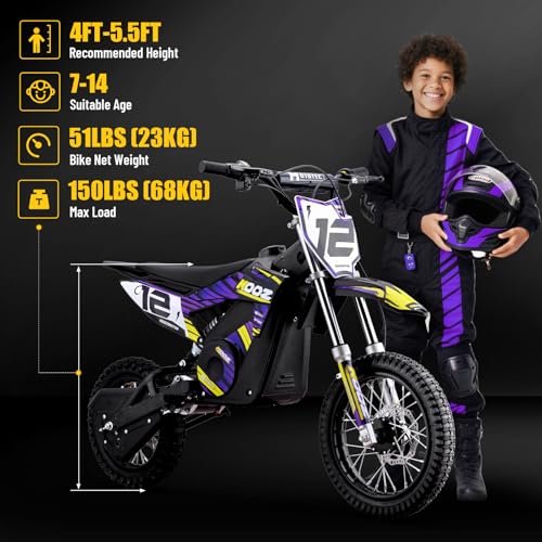 KOOZ HP112E 36V 1000W Electric Dirt Bike for Kids, 3 Speed Modes Teen Electric Motorcycle Up to 18 MPH & 15 Miles Long-Range, Dual Suspension & Disc Brake, 16" Sturdy Tire for Kids Teenagers, Orange