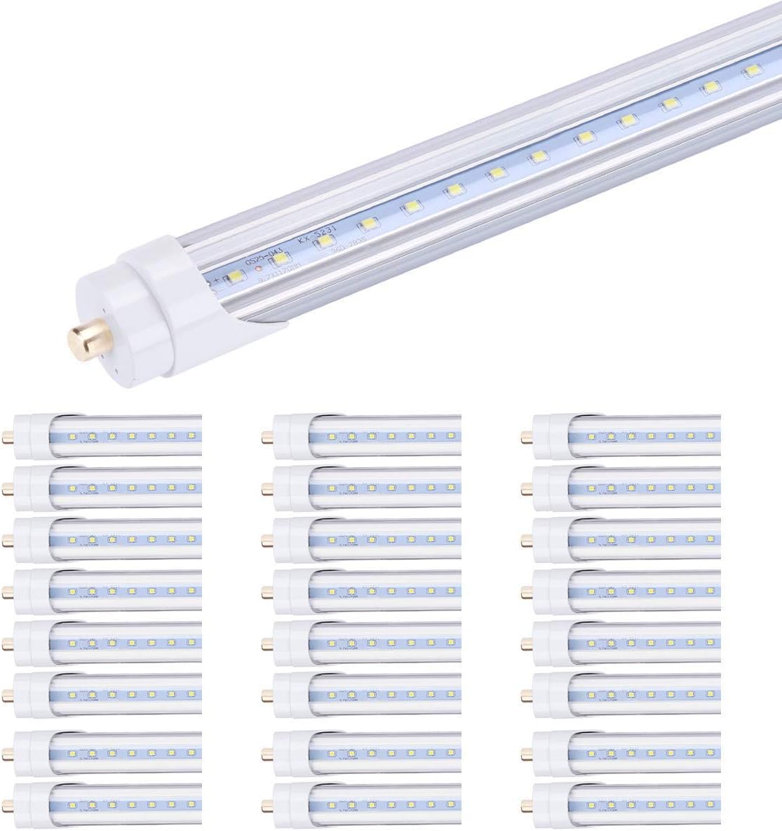 T8 8FT LED Light Tube 45W (Ballast removal) Clear Cover, Single Pin FA8 Base, Replace 100W Fluorescent Lamp Shop Lights, Dual-Ended Power, Cold White 6000K,AC 85-277V - 25 Pack