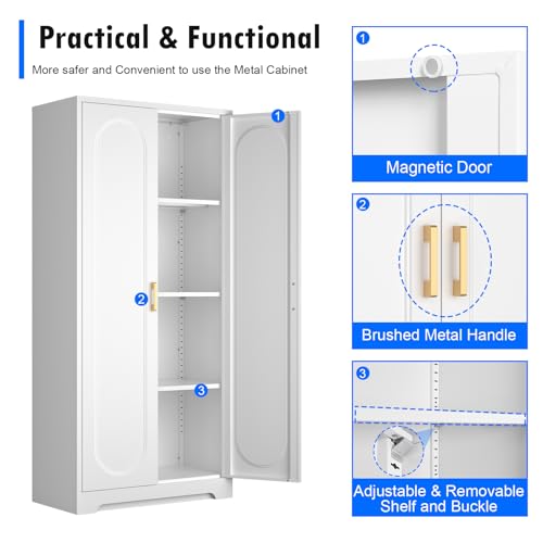 Metal Storage Cabinet with Doors and Shelves, 71 Inch Tall Kitchen Pantry Cabinet, Pantry Cabinets for Kitchen Storage, Freestanding Cupboard for Living, Dining Room, White, Assembly Required