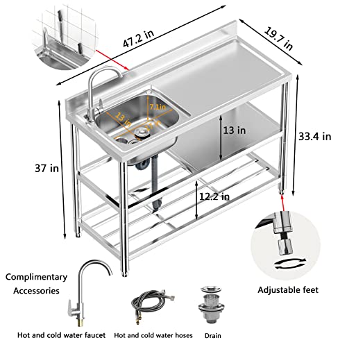 Stainless Steel Commercial Kitchen Sink, Free Standing, Single Bowl Sink Basin with Cold & Hot Water Faucet, Indoor and Outdoor Sink, 21.7 in